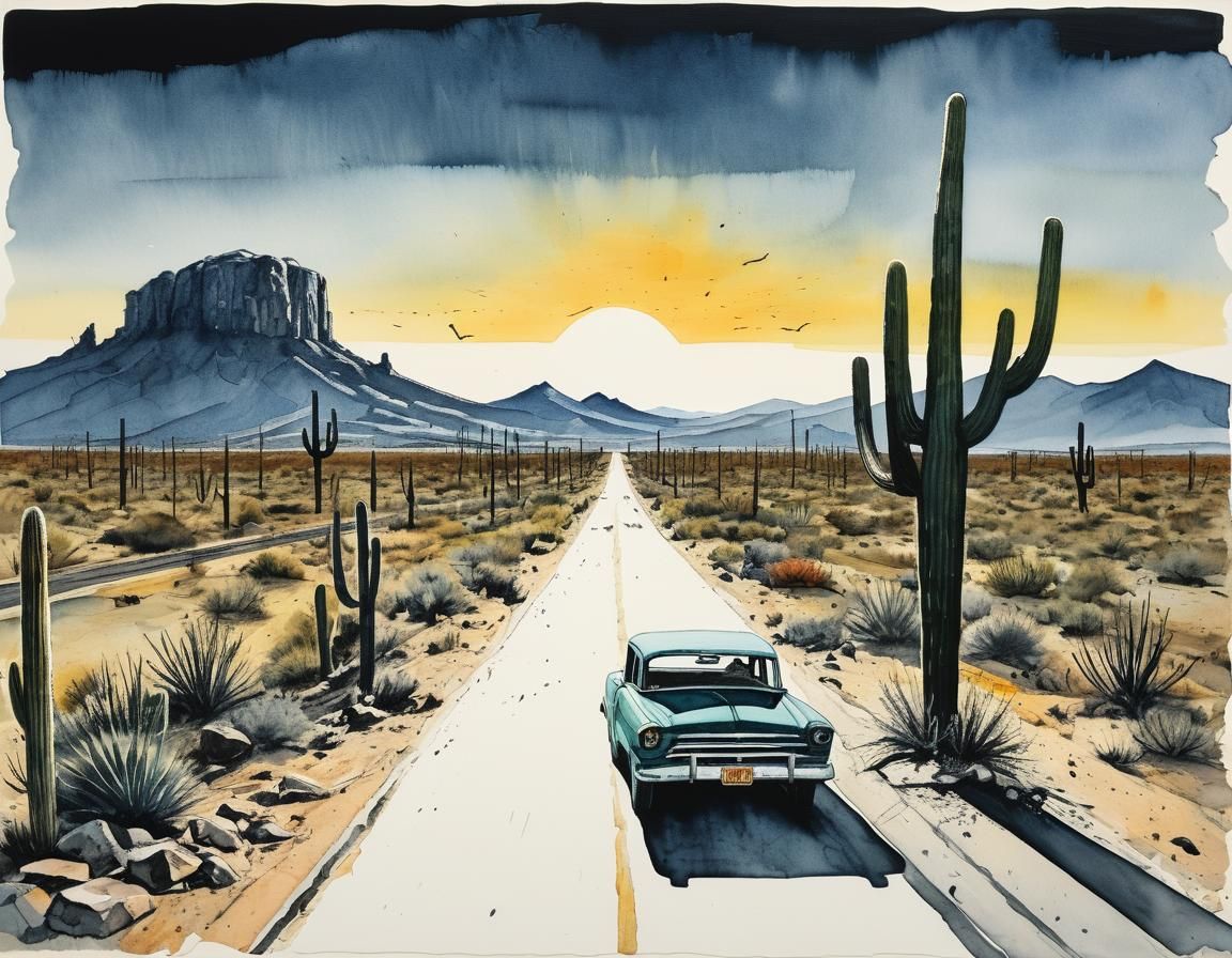 Arizona Desert Moonrise: Watercolor Collage Art