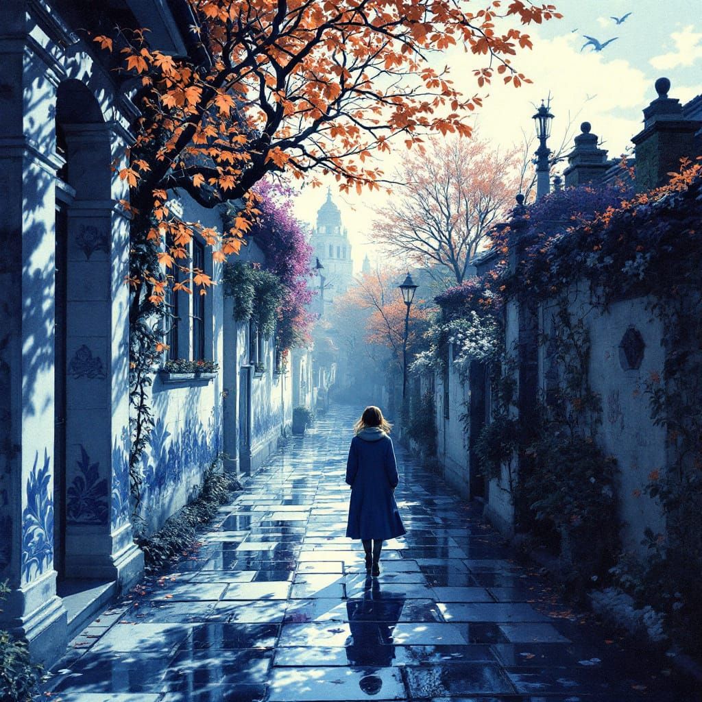 Tranquil Street Scene in Delft Pottery Style