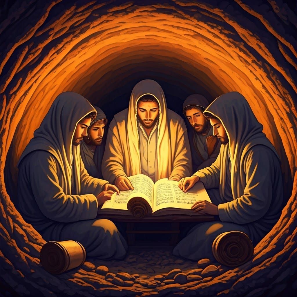 Torah Scholars in Cave: 3D Anime Art