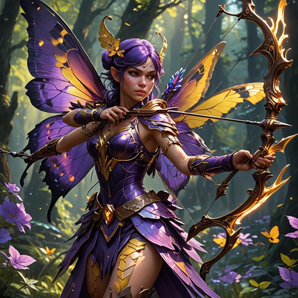 Pixie Hunter with Butterfly Wings in Dark Fantasy Art