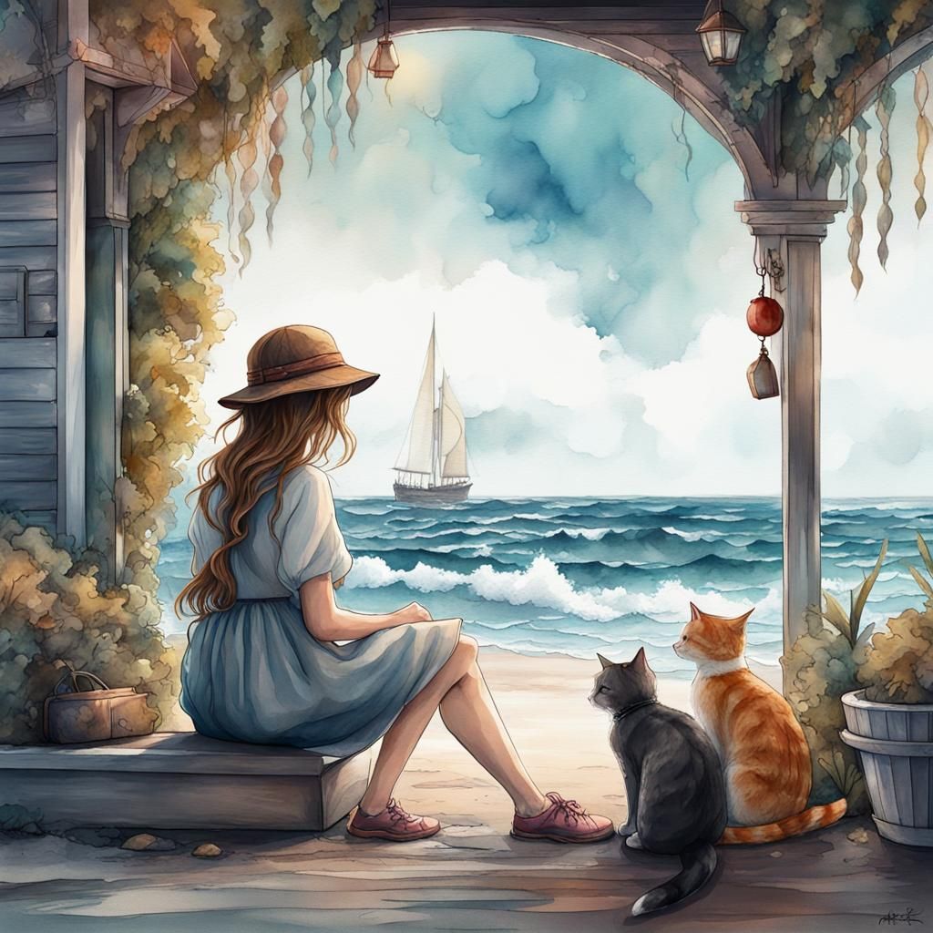 Girl and Cat Seaside Watercolor Painting