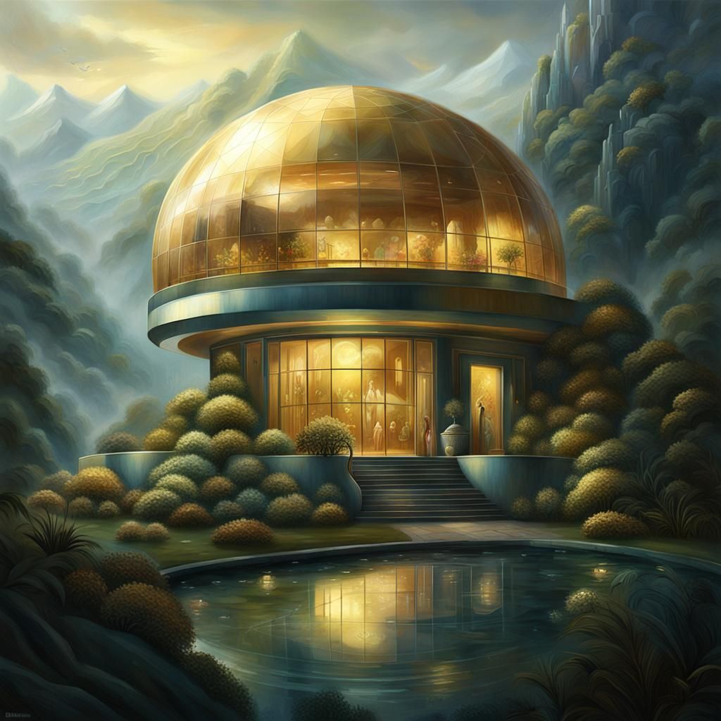 Futuristic House with Golden Lighting, as Digital Art