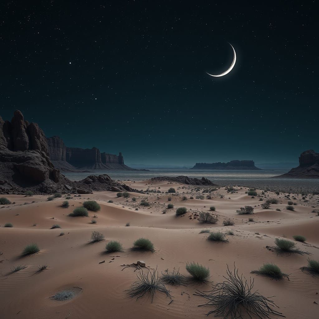 Desert Nighttime Landscape in Hyperrealistic Style