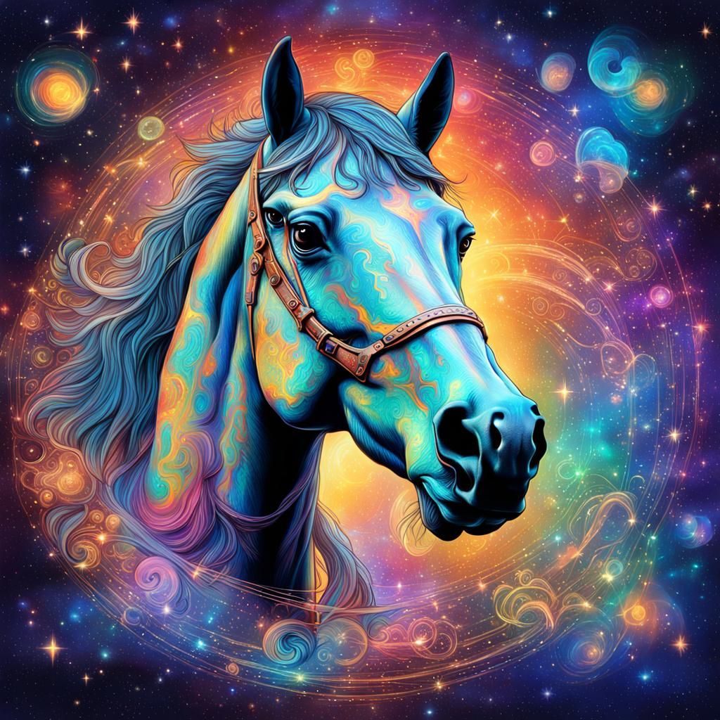 Holographic Cosmic Horse Illustration in Mixed Media