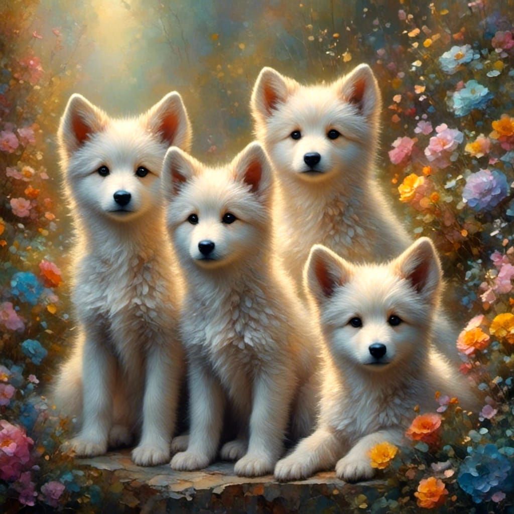 Hyperrealistic Wolf Puppies in Colorful Forest