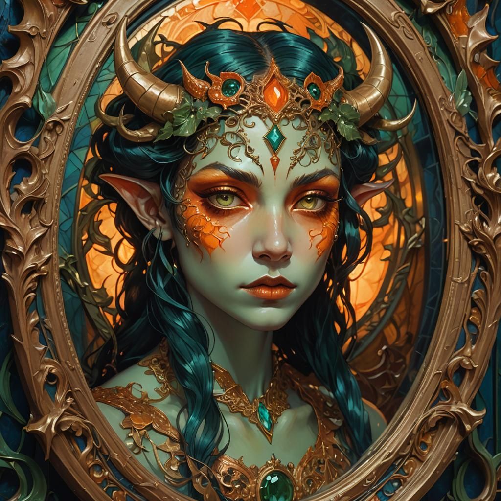 Demon Girl Reflection: Art Nouveau Dark Fantasy Portrait