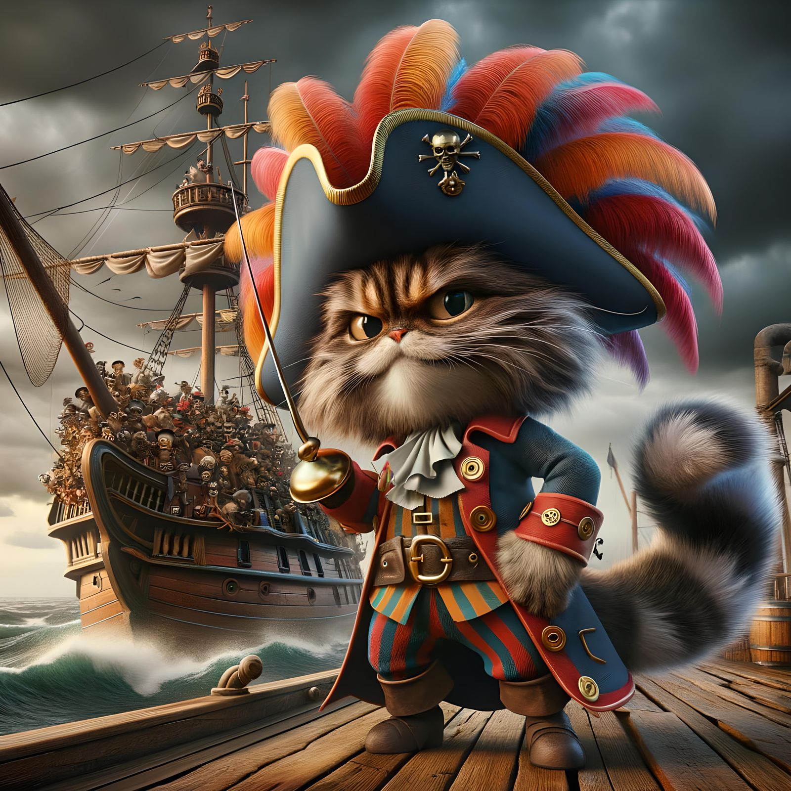 Cartoon Cat as Pirate Captain Hook on Treasure Ship