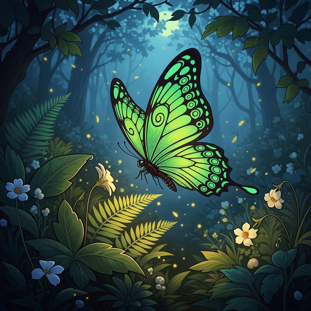 Bioluminescent Butterfly in Emerald Forest, Art Nouveau Styl...