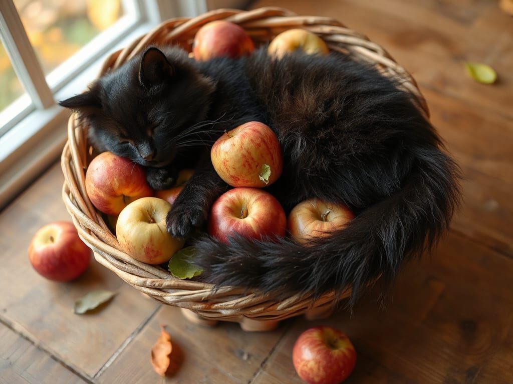 Fluffy Black Cat Sleeps in Apple Basket