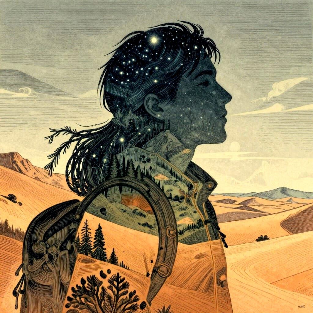 Symbolic Traveler with Inner Landscapes in Etched Linework