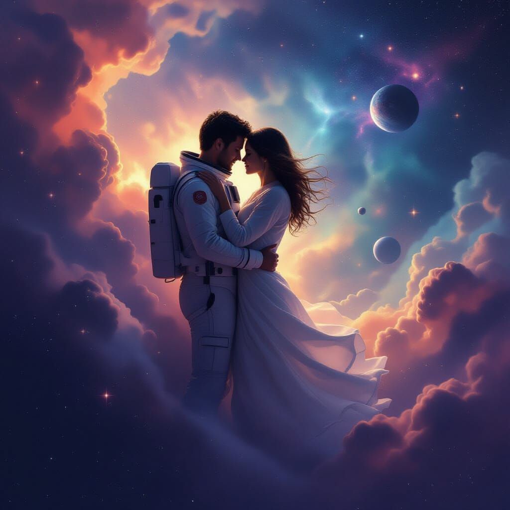 Cosmic Romance: Astronauts Embrace Amidst Nebulae