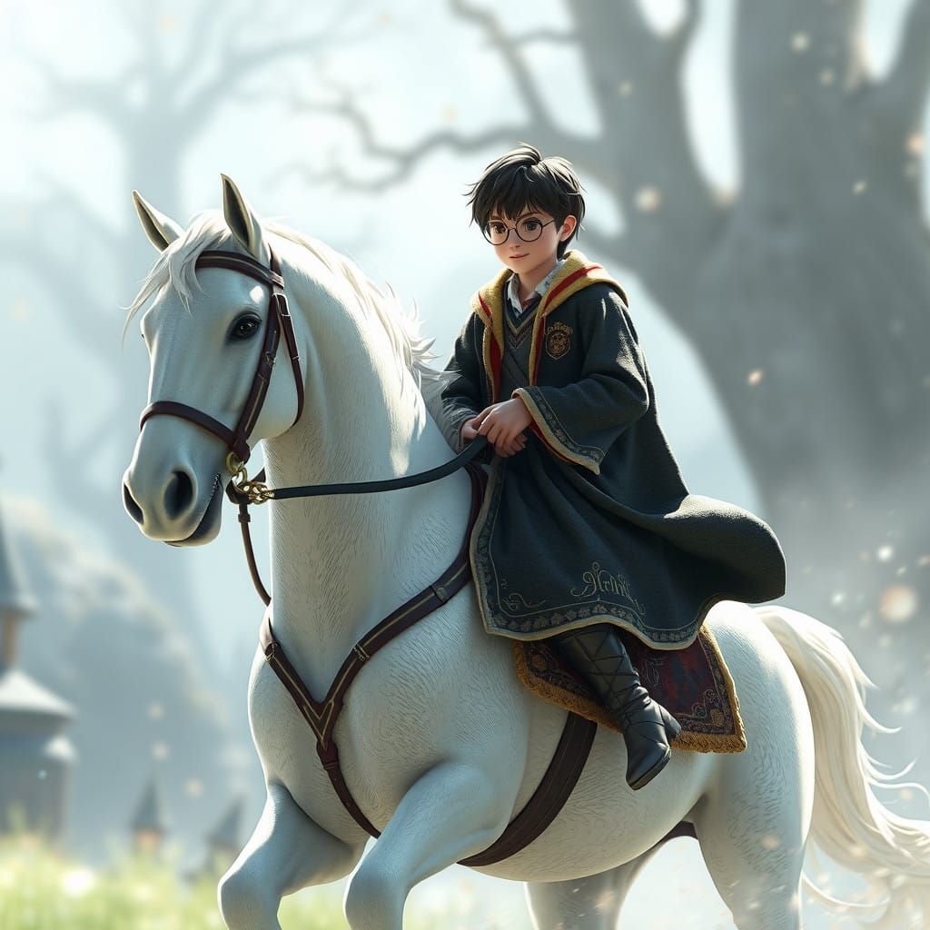 Harry Potter Rides a Majestic White Horse in a Fantastical W...