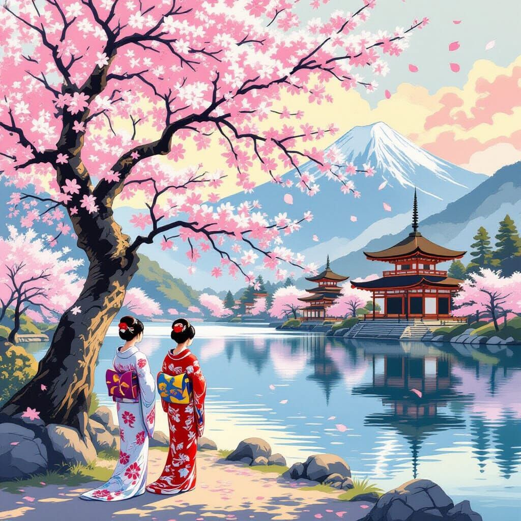 Sakura Tree with Kimonos in Japanese Art Style
