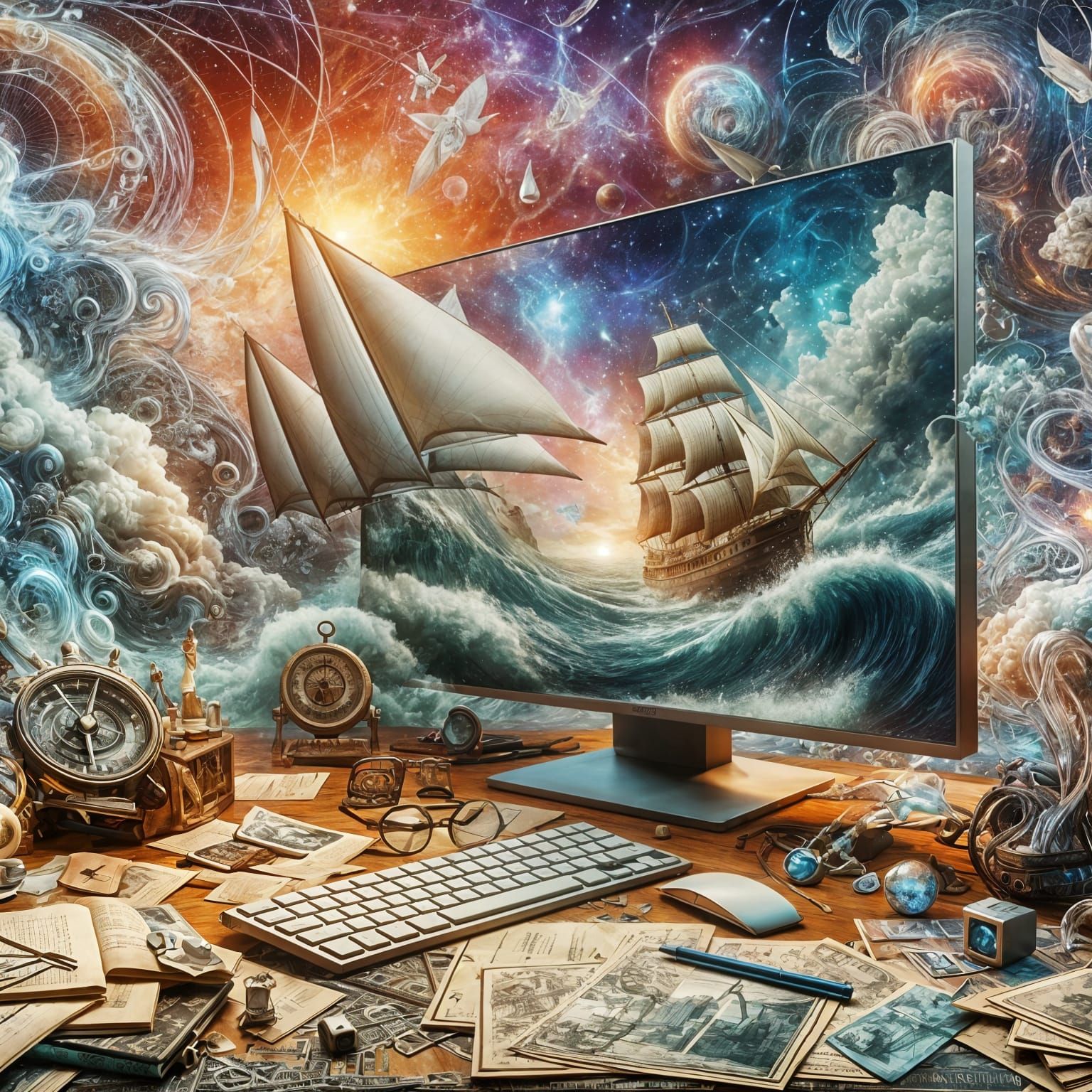Enchanting 3D Monitor Scene with Surreal Elements