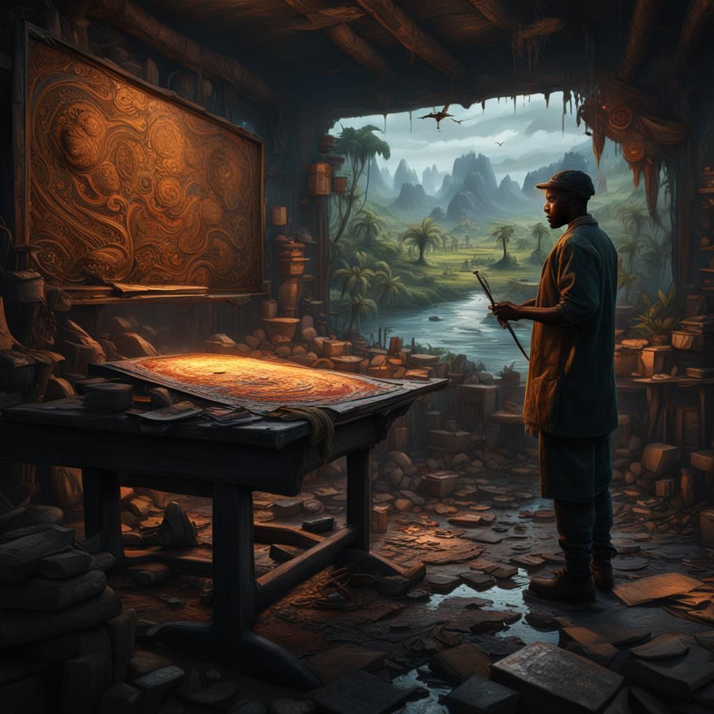 Black Artist Painting in Studio, Detailed Matte Painting