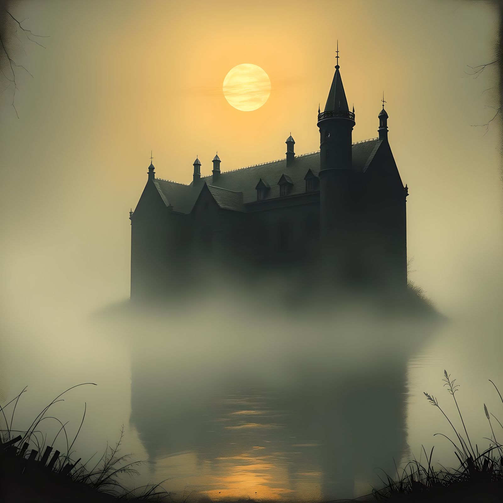 Ethereal Abandoned Manor on Foggy Lake at Sundown