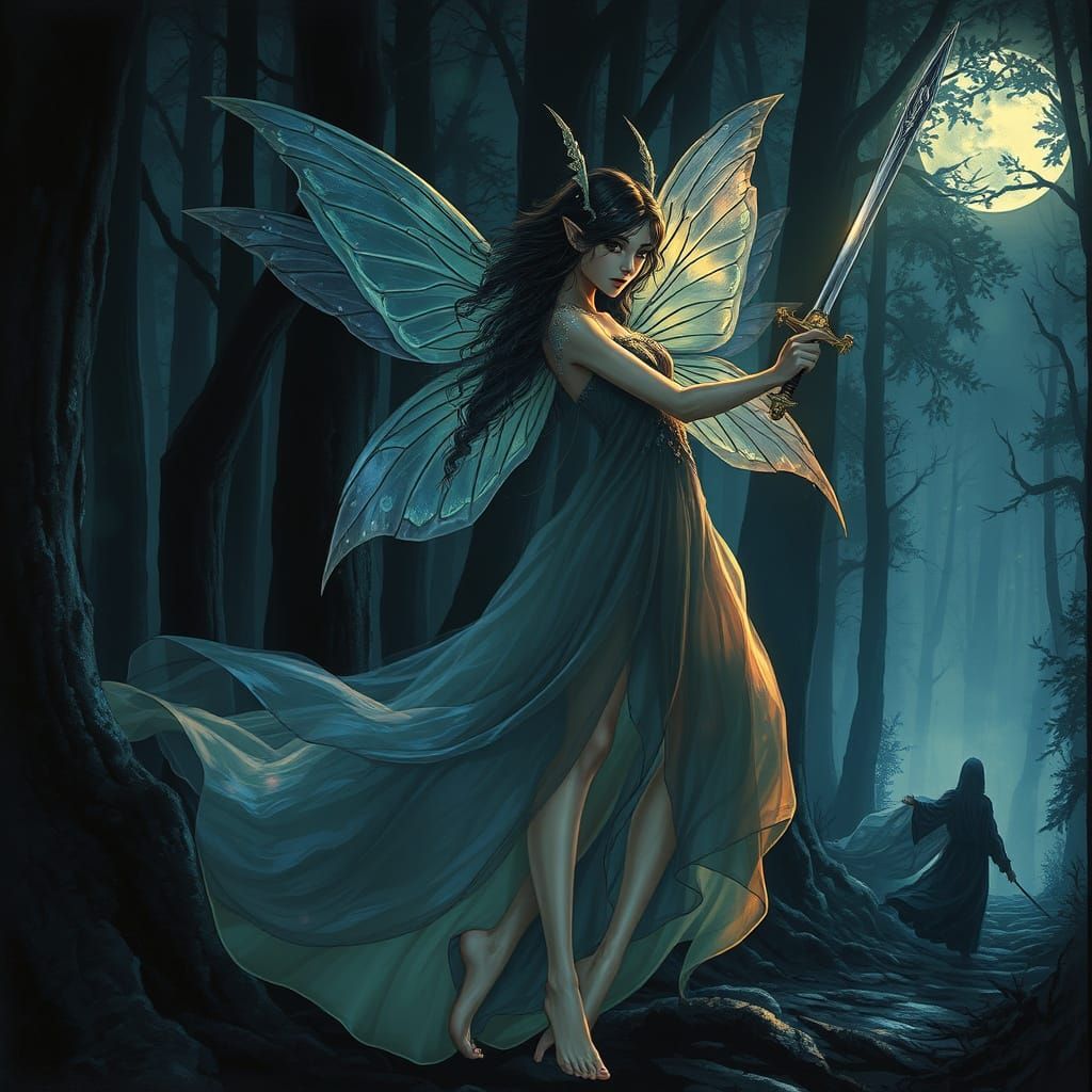 Moonlit Fairy Warrior Stands Ready in Enchanted Woods