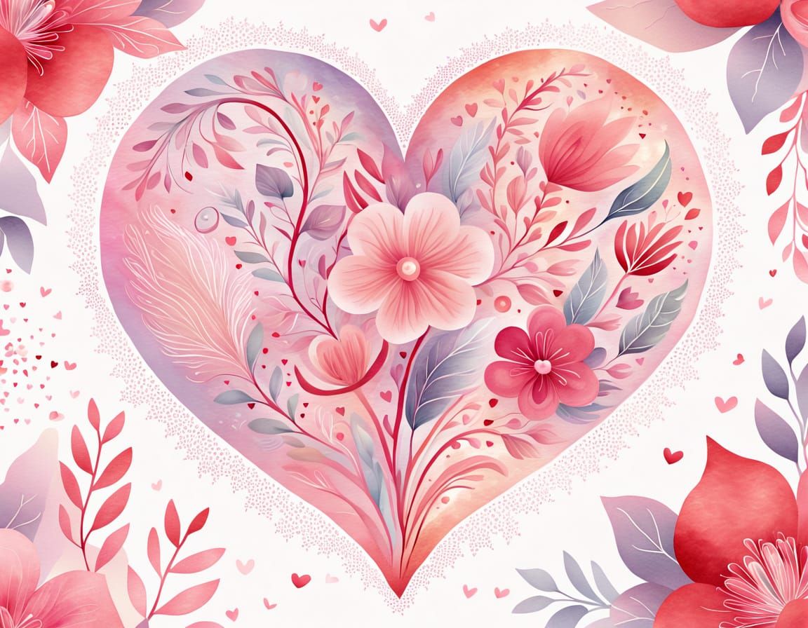 Watercolor Valentine's Heart with Delicate Details and Spark...