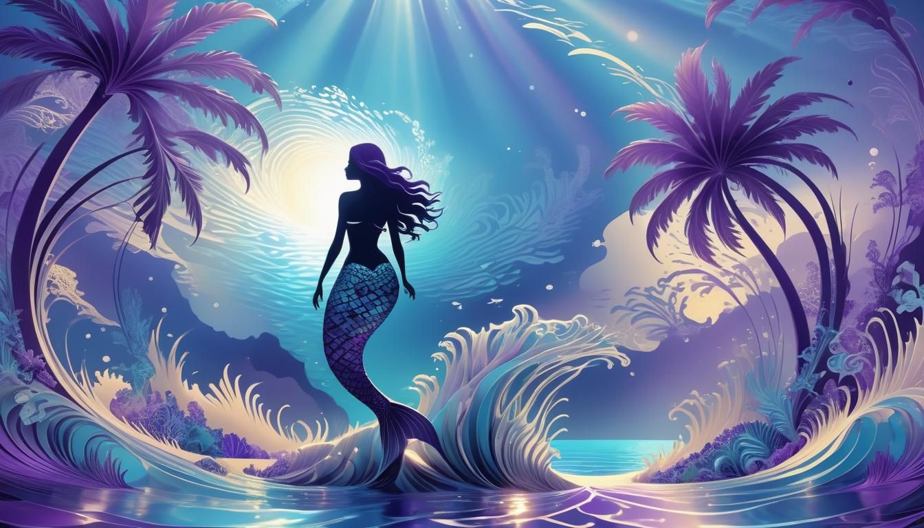 Monochromatic Seascape with Mermaid in Abstract Fractal Styl...