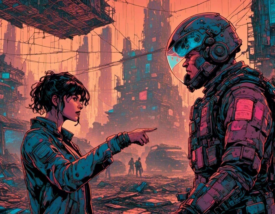 Cyberpunk Woman Confronts Policeman in Anger