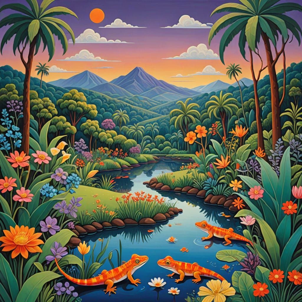 Whimsical Tropical Oasis in Folk Art Style