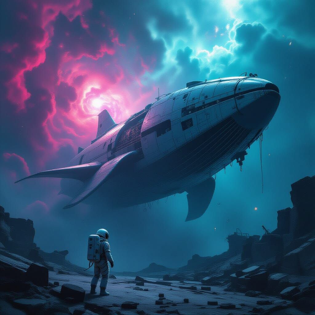 Astronaut Drifts Near Skeletal Whale Ship in Cosmic Void