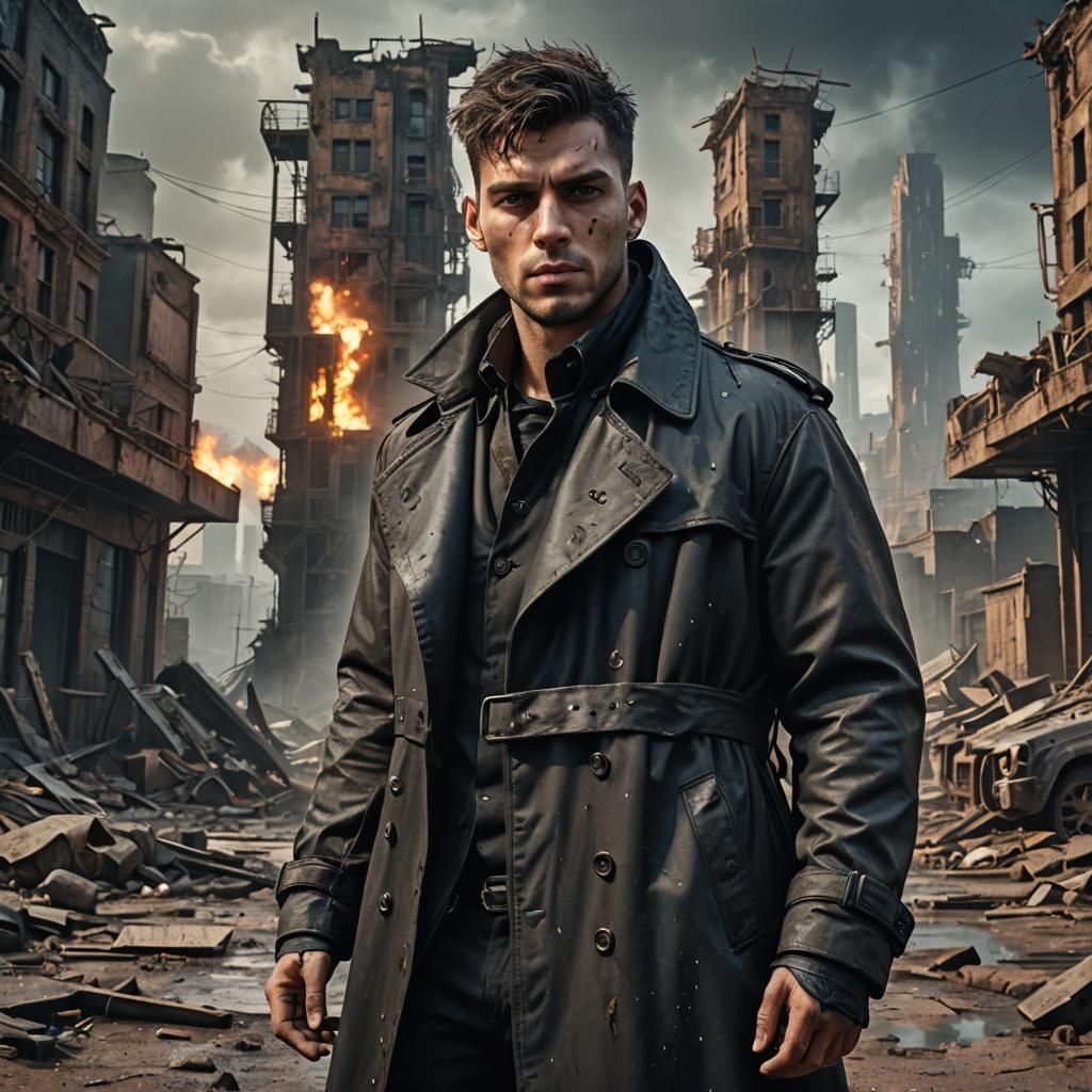 Man in Trench Coat in Post-Apocalyptic Landscape