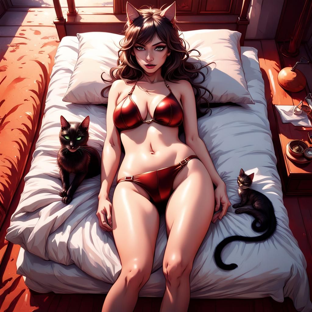 Alluring Catgirl in Bikini: Detailed Fantasy Art
