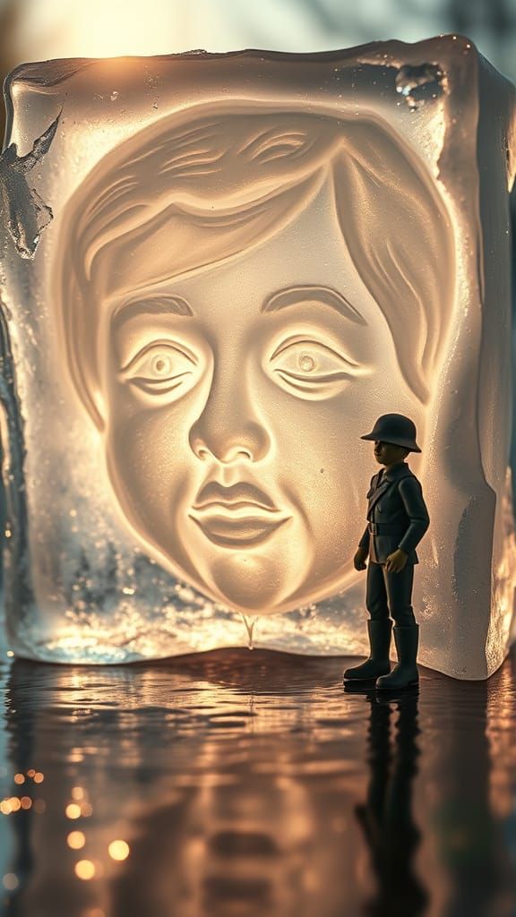 Melting Ice Face: Child Sculpture in Golden Light