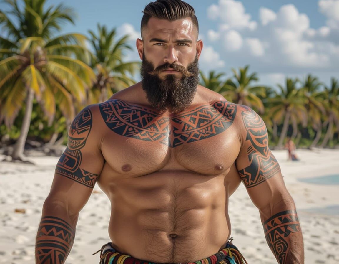 Muscular Tobagonian Man on Beach in Eroticized Style