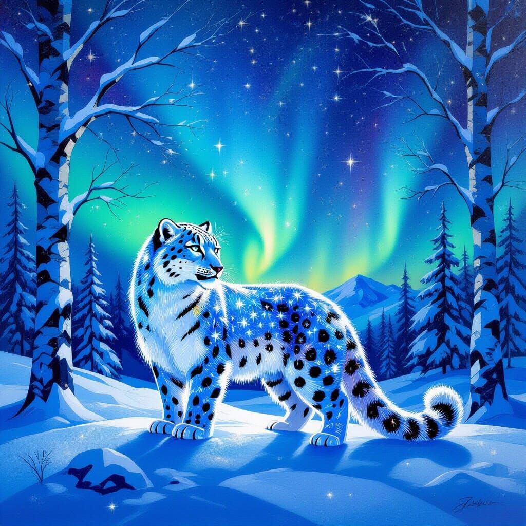 Moonlit Constellation Snow Leopard Under Aurora