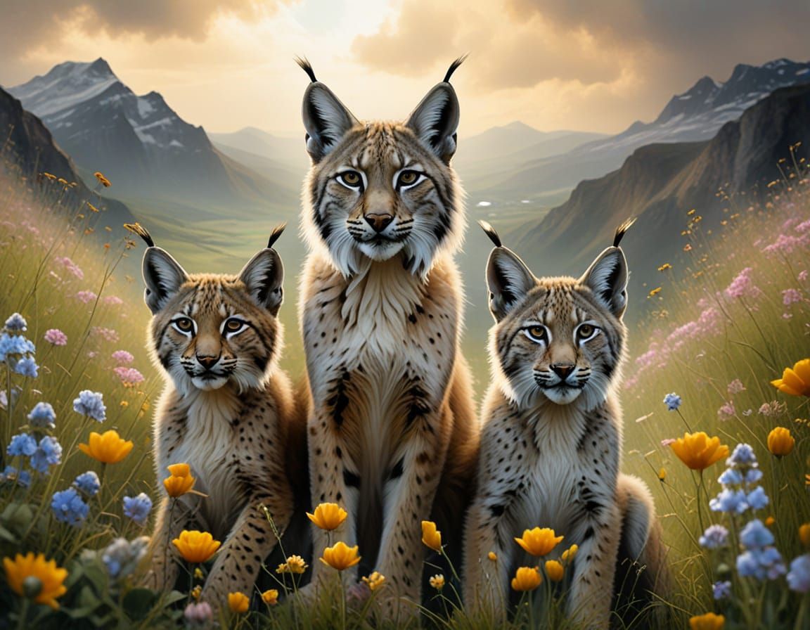 Lynx Family in Vibrant Spring Landscape