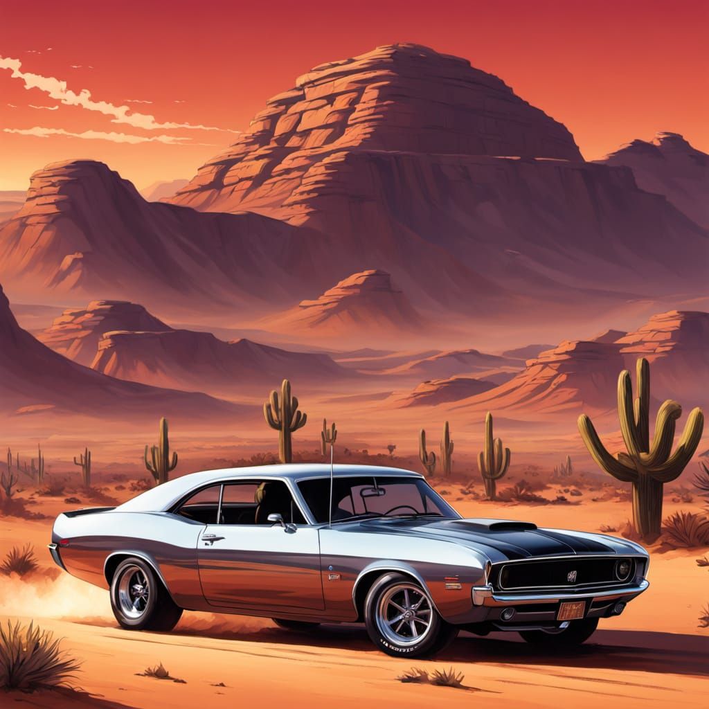 Classic Muscle Cars Race in Desert Sunset