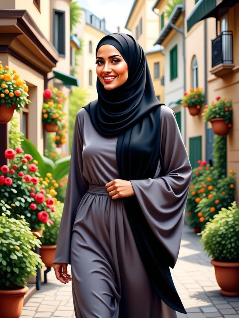 Elegant Hijabi Woman Strolls Through a Vibrant City Garden i...