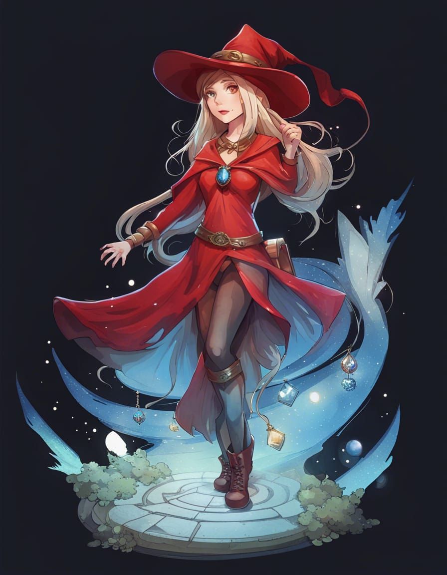 Elf Girl in Red Dress with Wizard Hat