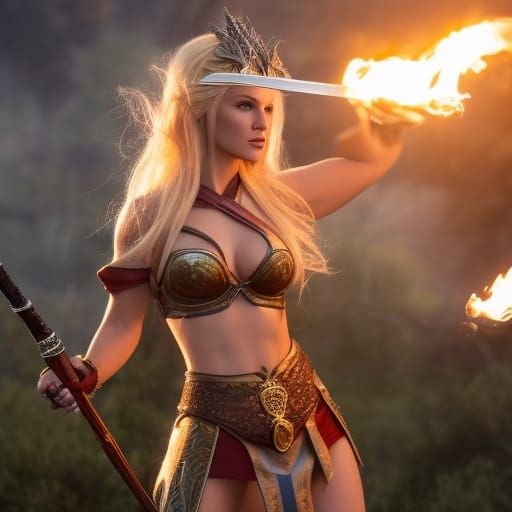 Elven Warrior Woman with Magic Weapon in Sunlight