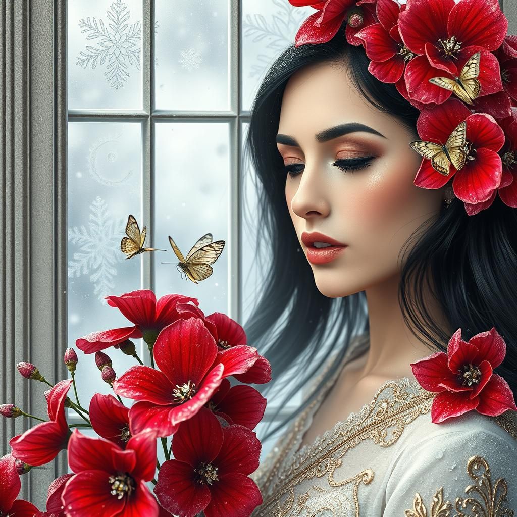 Frosted Winter Window with Woman and Ruby Flowers