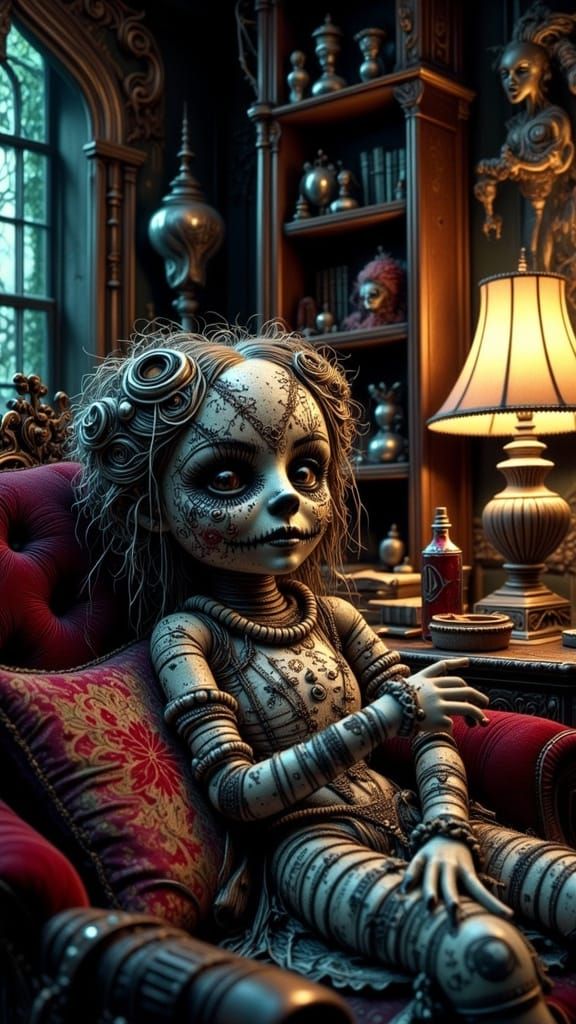 Creepy Voodoo Doll on Velvet Cushion in Dim Study