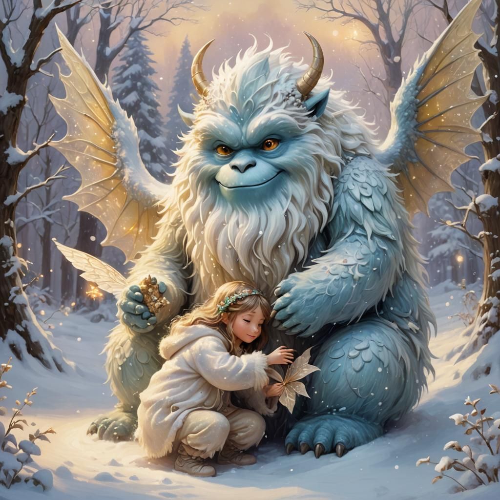 Gentle Snow Monster Cradles Fairy in Golden Light
