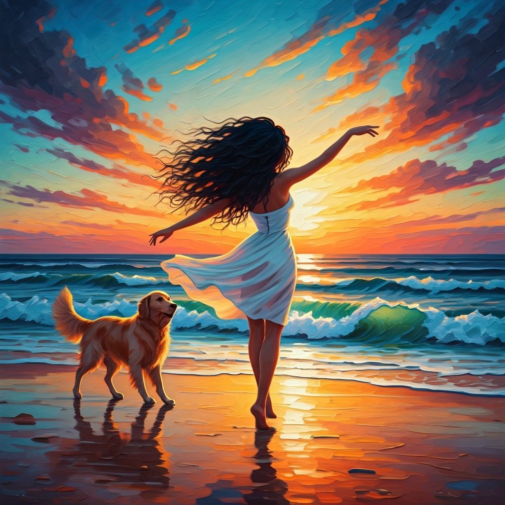 Woman Dancing on Beach in Impasto Style