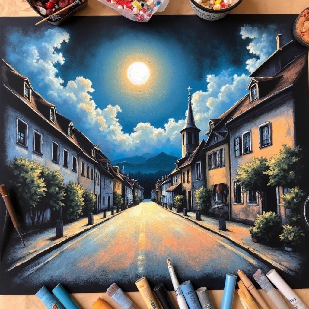 Alsace Street Scene in Pastel Style, Blue and Yellow Sky
