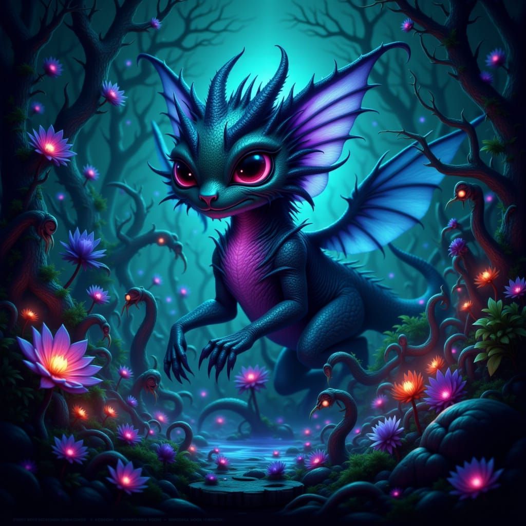 Fantastical Creature in Bioluminescent Forest Digital Painti...