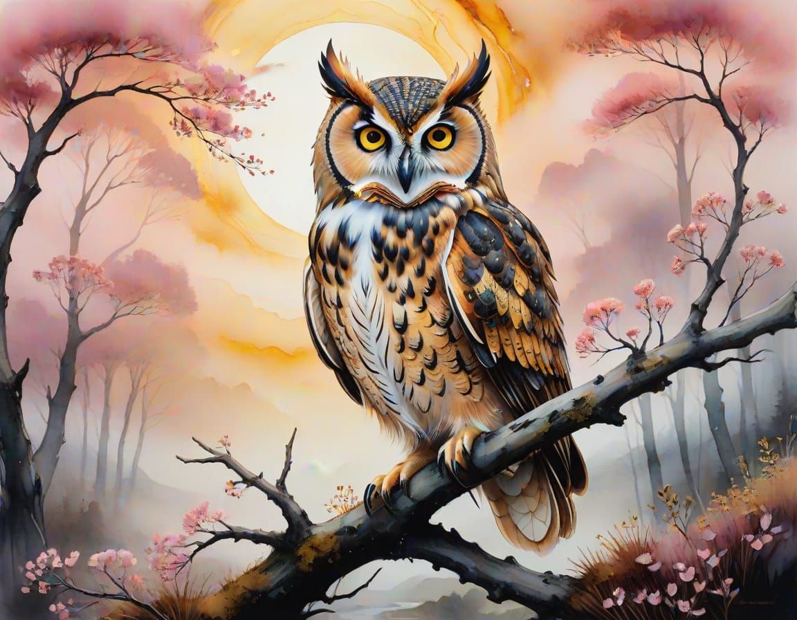 Ethereal Owl Perched on Misty Moor in Vibrant Colors