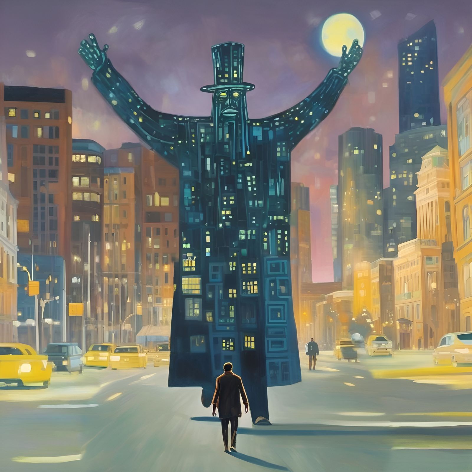 Giant Spirit Man Walks Through City at Night