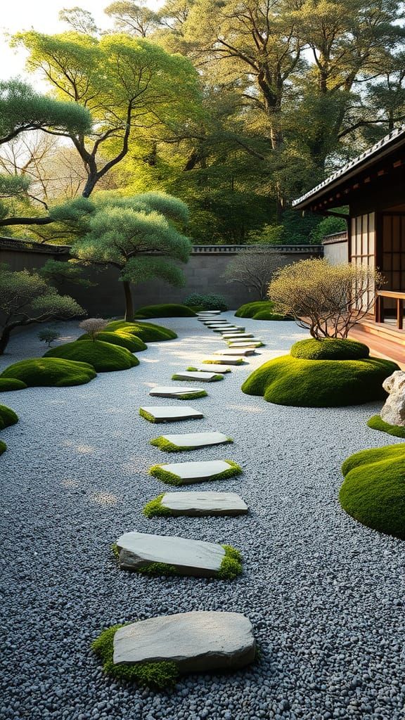 Serenely Raked Gravel Zen Garden Amidst Japanese Landscape
