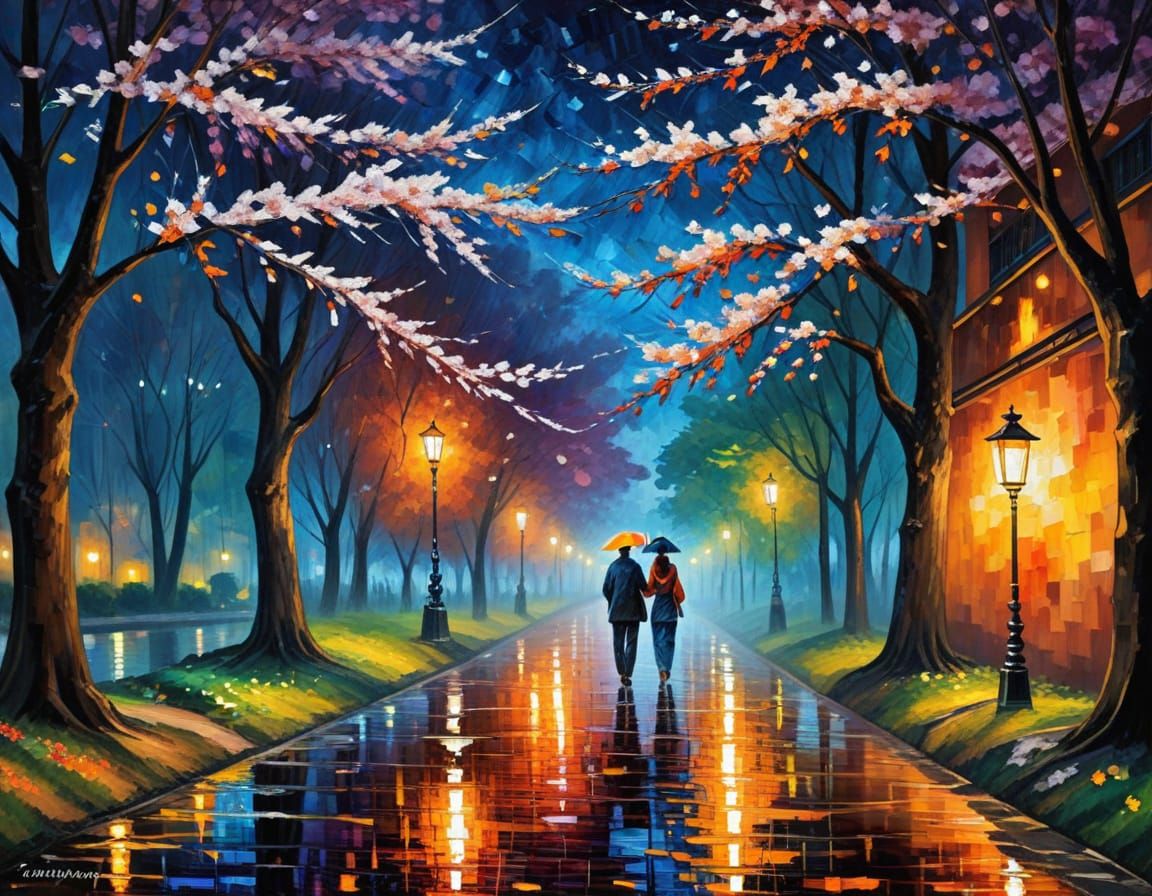 Kyoto Philosophers Path at Night: A Modern Impressionist Mas...