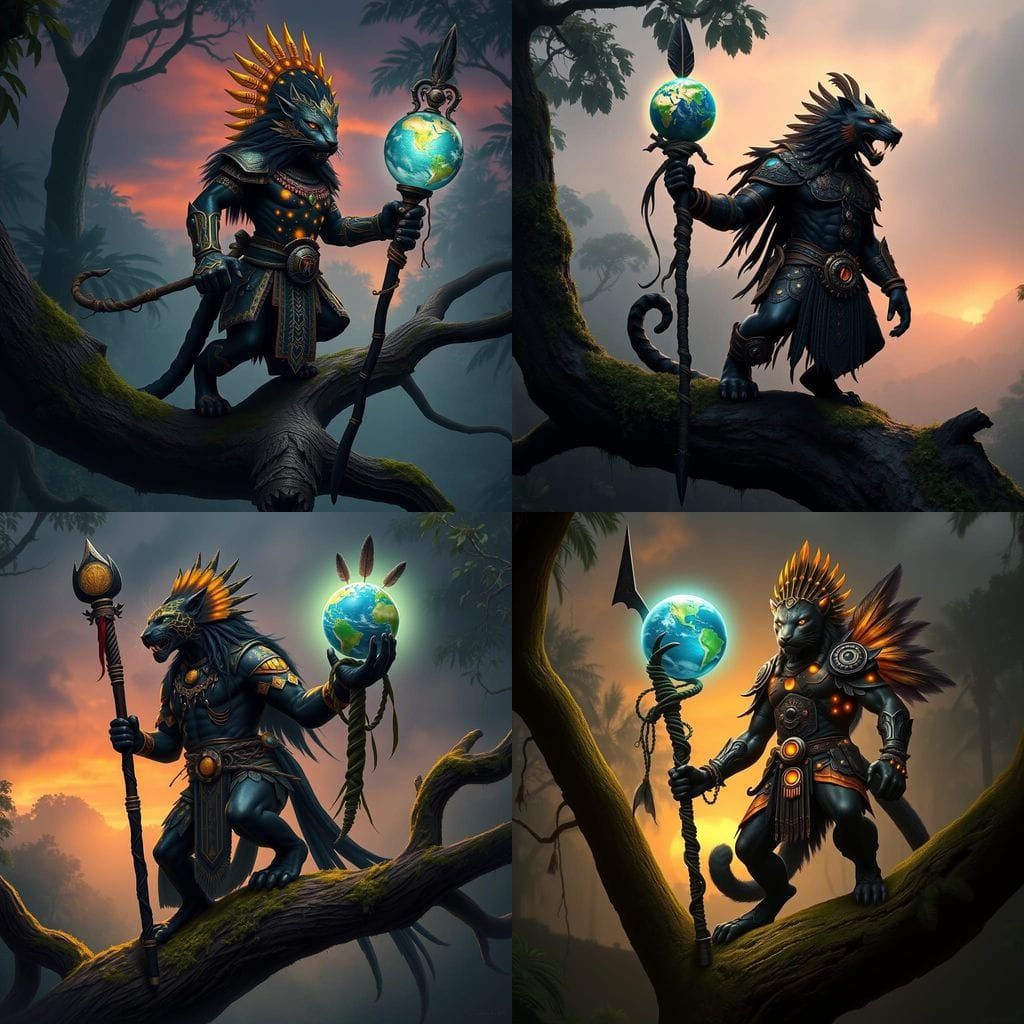 Jaguar God with Obsidian Staff in Misty Rainforest