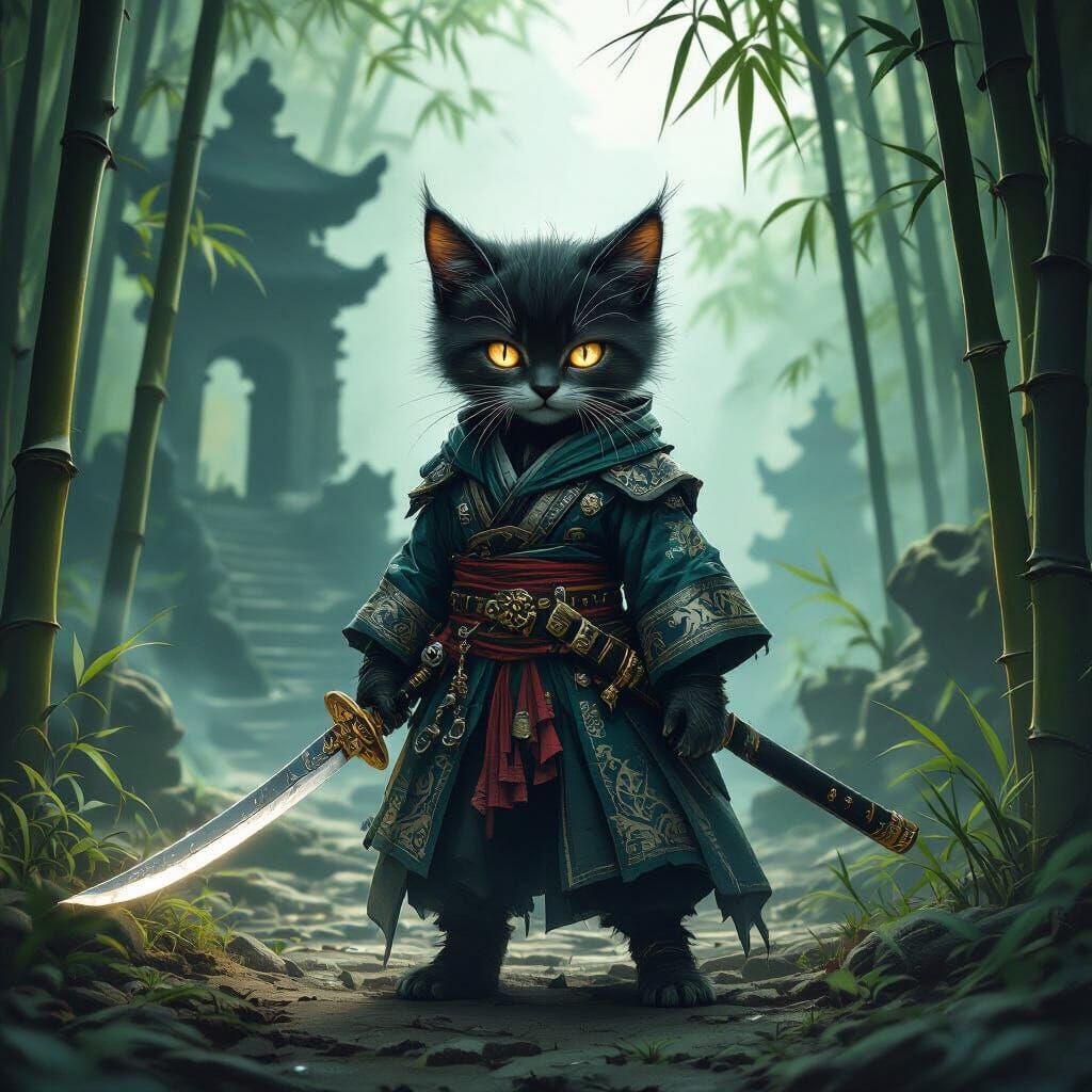 Emerald Furred Pirate Kitten Guarding Haunted Temple