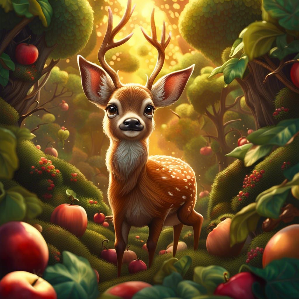 Chibi Deer in Apple Maze: Photorealistic Maximalism