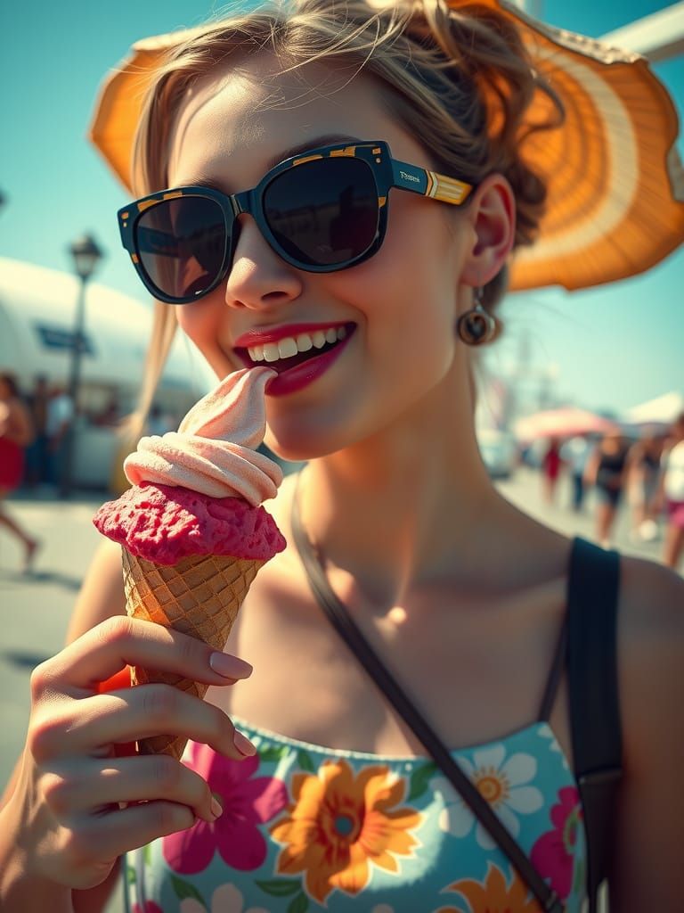 Woman Enjoying Colorful Ice Cream on a Summer Day